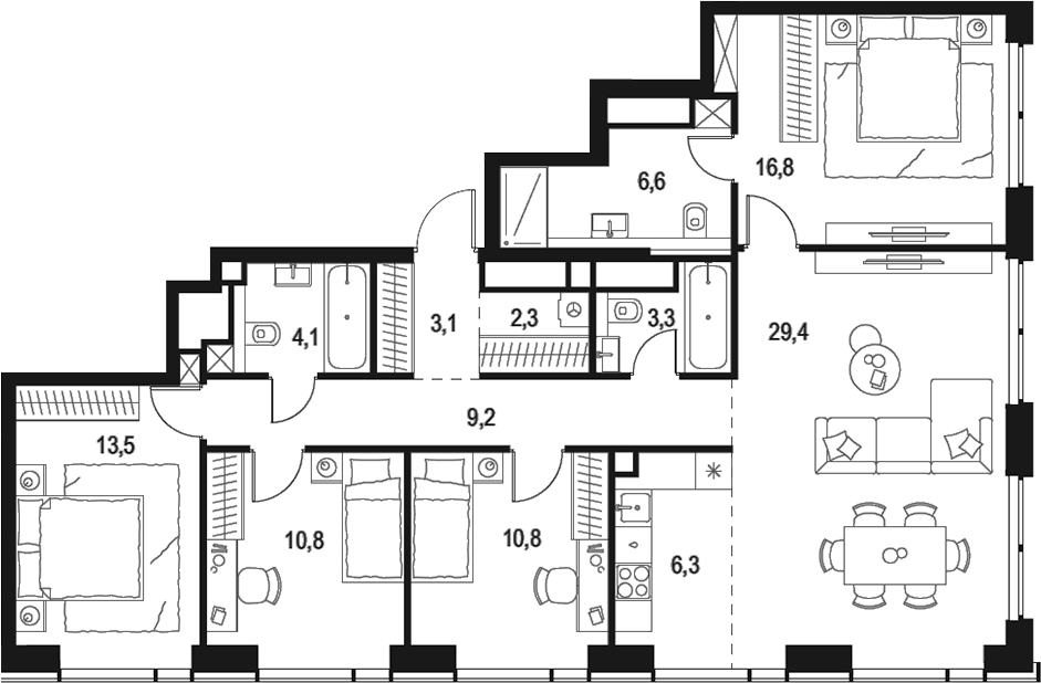 4+ комнаты, 116.2 м², 46/48 этаж, ЖК «Левел Звенигородская»