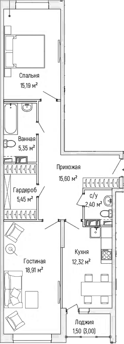 2-комн., 74.1 м², 9/9 этаж, ЖК «Рига Хиллс»