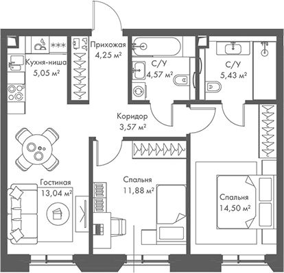 3-комн., 62.29 м², 13/22 этаж, ЖК «МИРА»