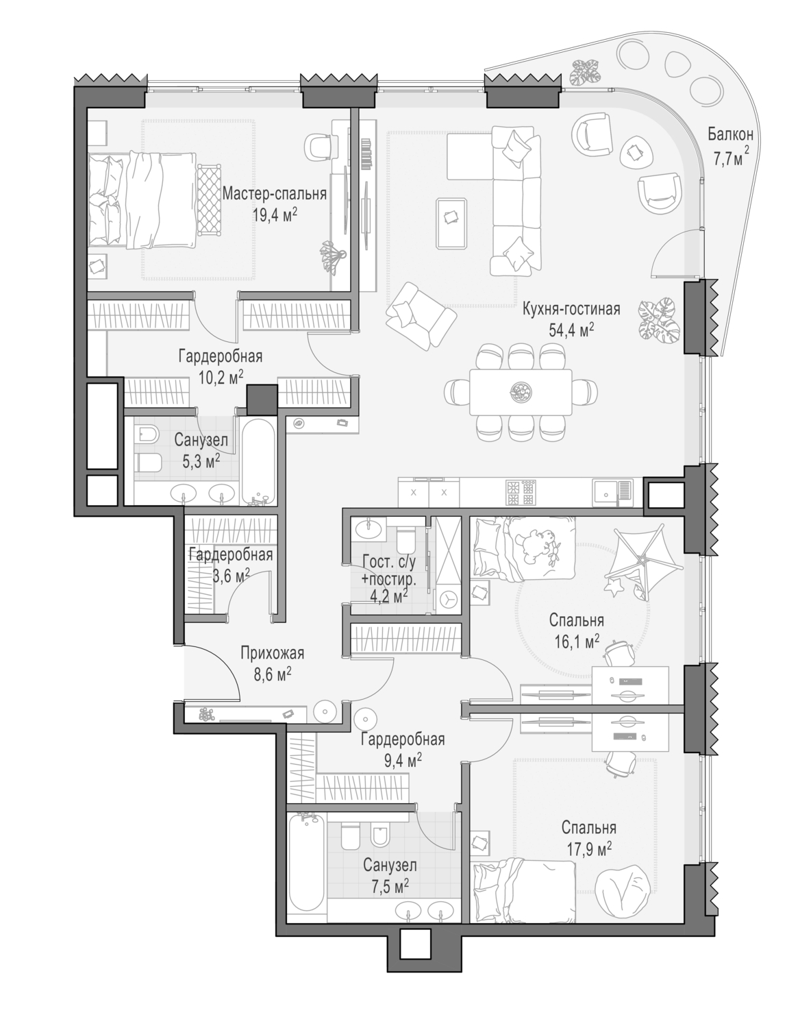 3-комн., 156.69 м², 8/14 этаж, ЖК «Дом Лаврушинский»