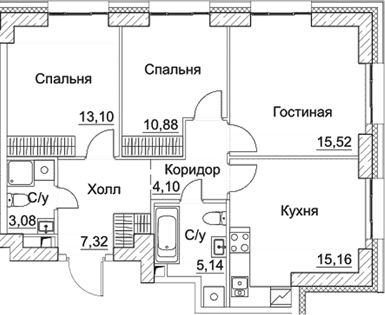 3-комн., 74.3 м², 5/35 этаж, ЖК «СЕЗАР СИТИ»