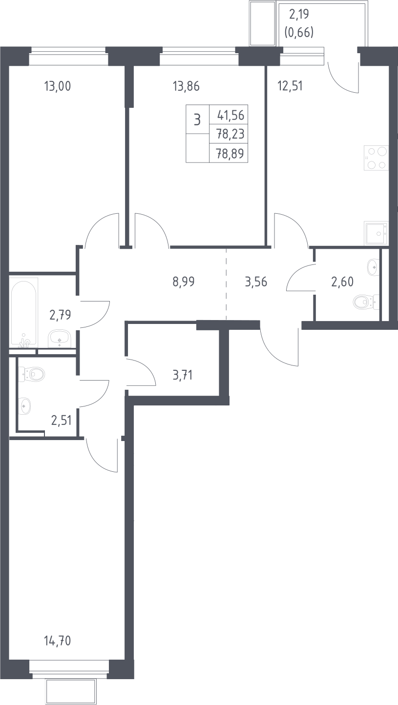 3-комн., 78.23 м², 12/12 этаж, ЖК «Новое Видное»