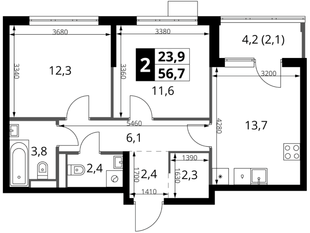 2-комн., 54.6 м², 4/18 этаж, ЖК «1-й Ясеневский»