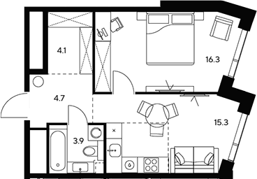 1-комн., 44.3 м², 30/46 этаж, ЖК «НЕКСУС от Аквилон»