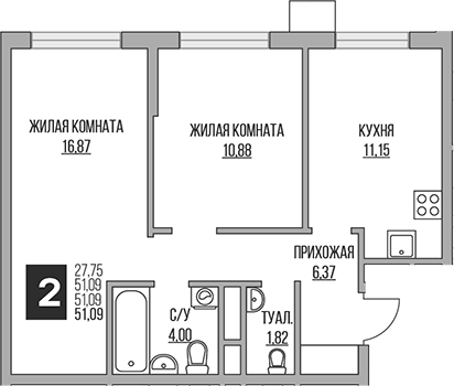3-комн., 51.09 м², 9/14 этаж, ЖК «Гранель Притяжение Сити»