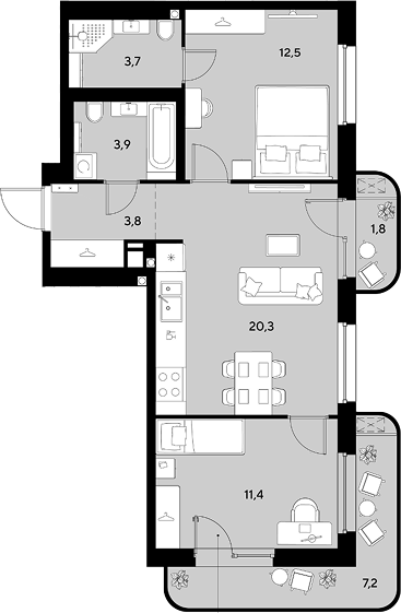 2-комн., 55.6 м², 3/9 этаж, ЖК «Грейд»
