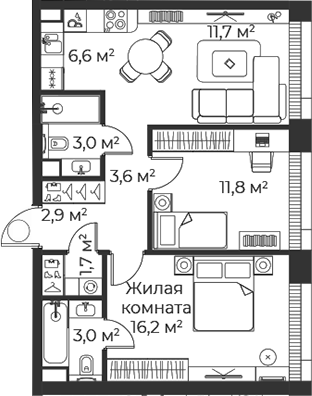 3-комн., 60.4 м², 6/38 этаж, ЖК «Веер»