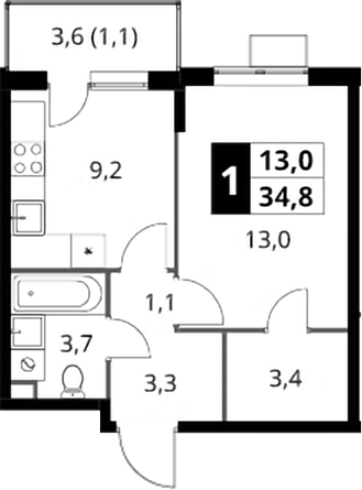 1-комн., 33.7 м², 7/17 этаж, ЖК «1-й Шереметьевский»