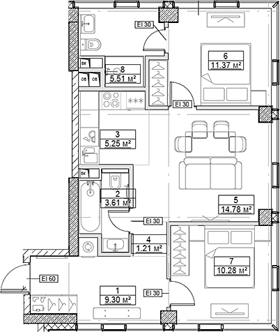 3-комн., 61.31 м², 20/48 этаж, ЖК «Сити Бэй»