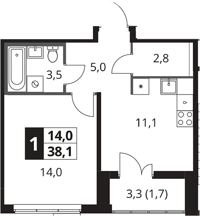 1-комн., 36.4 м², 12/25 этаж, ЖК «1-й Южный»