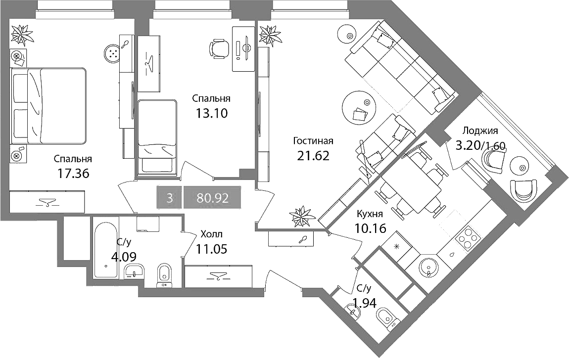 3-комн., 79.32 м², 1/17 этаж, ЖК «Планерный квартал»
