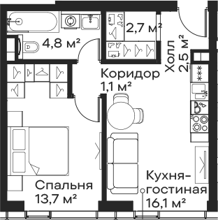 2-комн., 40.9 м², 38/59 этаж, ЖК «Сити Бэй»