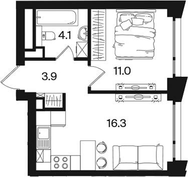 2-комн., 35.3 м², 19/26 этаж, ЖК «РАКУРС»