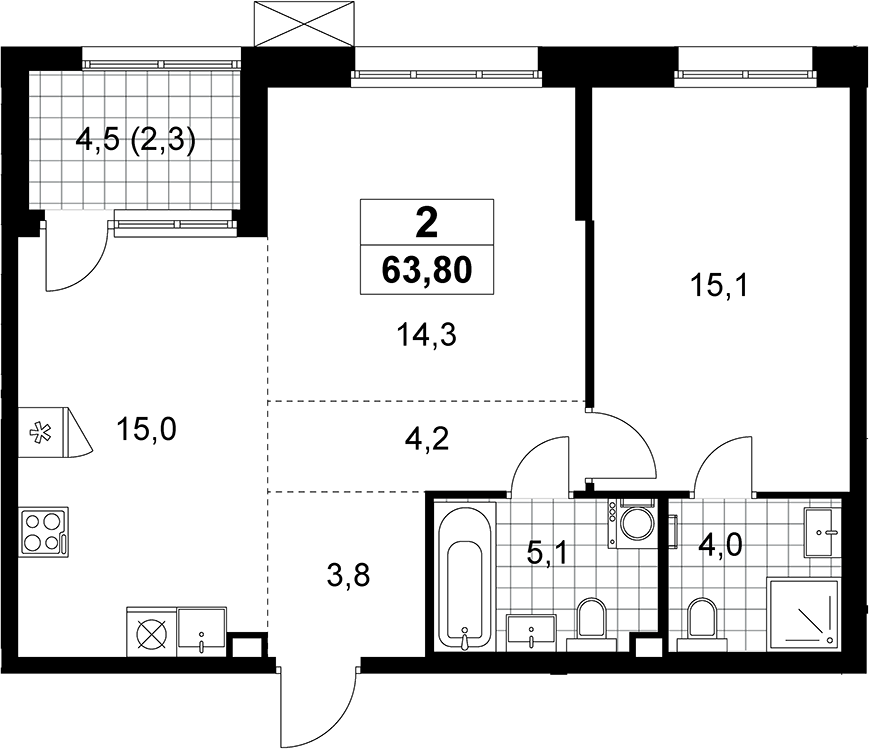 2-комн., 61.5 м², 2/12 этаж, ЖК «Дзен-кварталы»