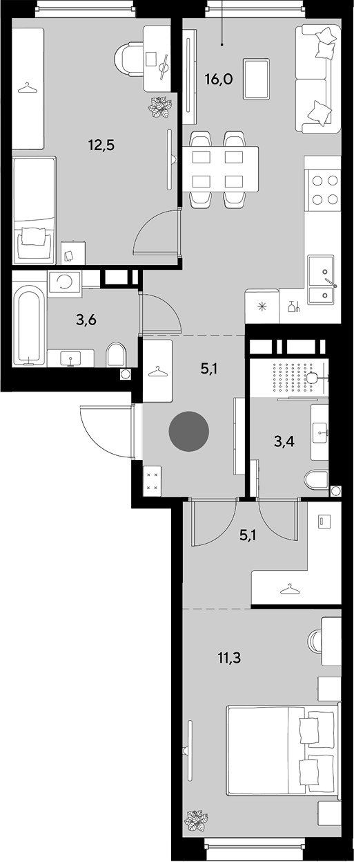 3-комн., 57 м², 7/9 этаж, ЖК «Грейд»