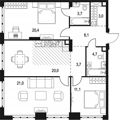 3-комн., 93.7 м², 32/49 этаж, ЖК «Левел Южнопортовая»