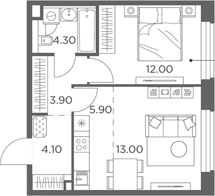 2-комн., 43.2 м², 21/23 этаж, ЖК «Белый Град»