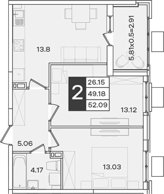 2-комн., 49.18 м², 7/9 этаж, ЖК «Сюжеты»