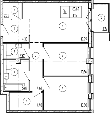 2-комн., 63.69 м², 8/9 этаж, ЖК «Лучи»
