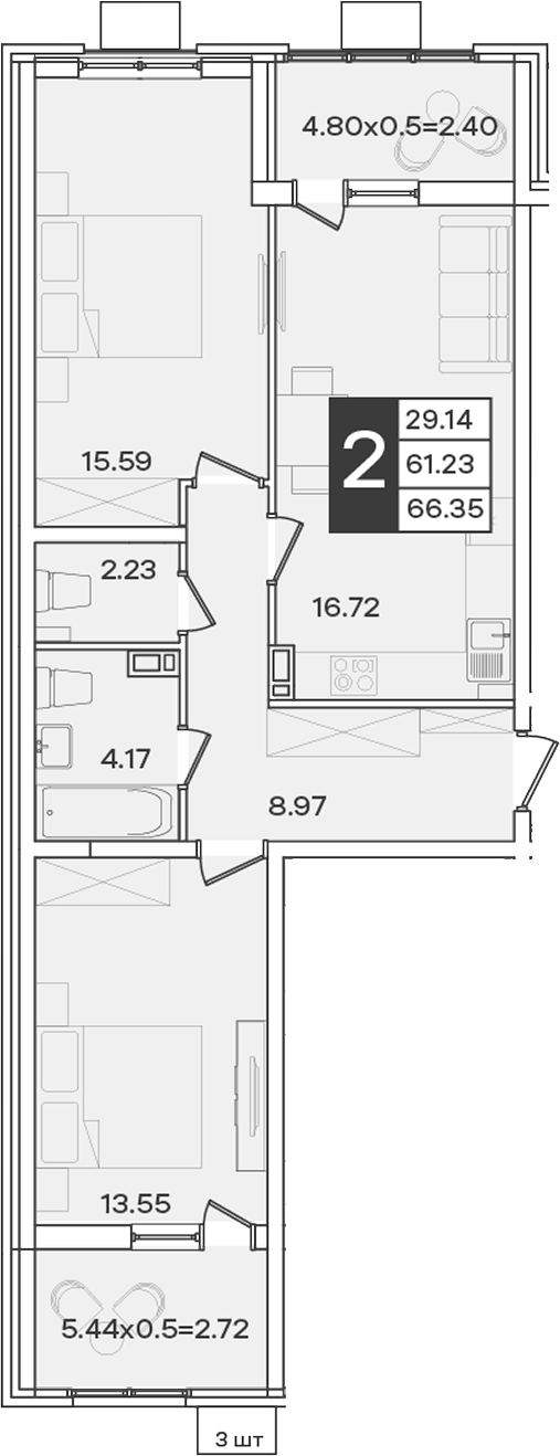 2-комн., 61.23 м², 8/18 этаж, ЖК «Сюжеты»