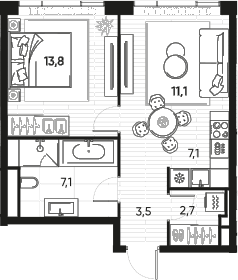 2-комн., 45.3 м², 8/9 этаж, ЖК «ПРАЙД»