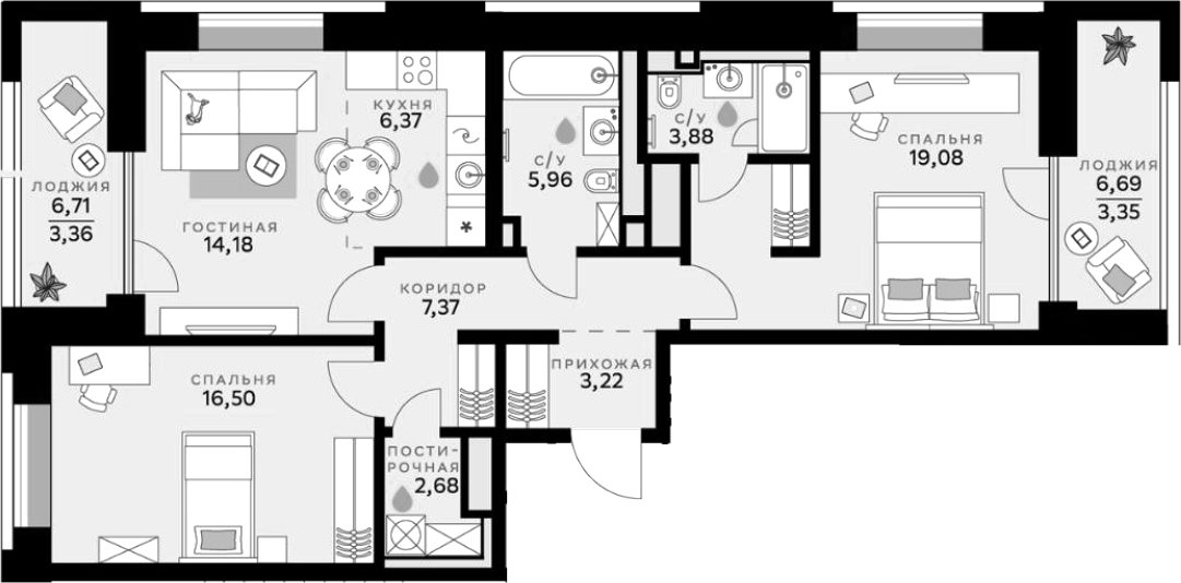 3-комн., 79.24 м², 3/7 этаж, ЖК «СберСити»