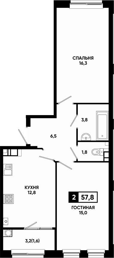 2-комн., 56.2 м², 8/13 этаж, ЖК «Резиденция Софи»