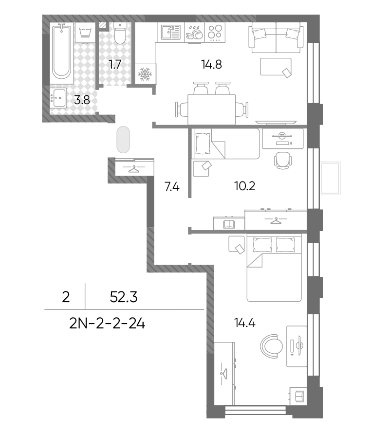 2-комн., 52.3 м², 22/24 этаж, ЖК «Лучи»
