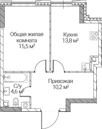 1-комн., 44.1 м², 18/36 этаж, ЖК «СЕЗАР СИЛИКА»