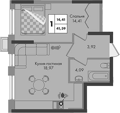 1-комн. квартира, 41.39 м² в ЖК Зеленая территория — фото 2