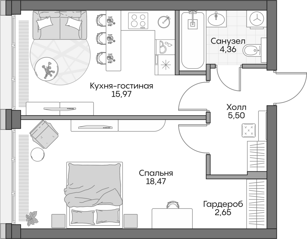 2-комн., 46.1 м², 6/16 этаж, ЖК «Инсайдер»