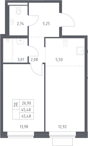 2-комн., 45.48 м², 2/12 этаж, ЖК «Новое Видное»