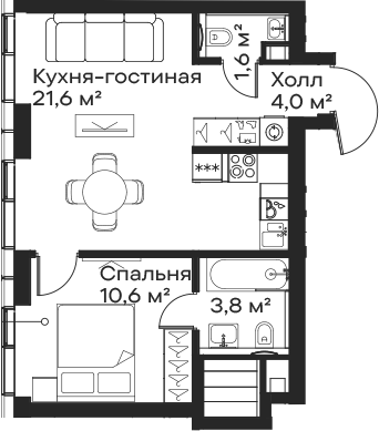 2-комн., 41.6 м², 41/59 этаж, ЖК «Сити Бэй»
