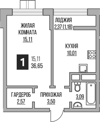 1-комн., 34.28 м², 3/16 этаж, ЖК «Гранель Пехра»