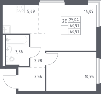 2-комн., 40.91 м², 9/17 этаж, ЖК «Мытищи Парк»