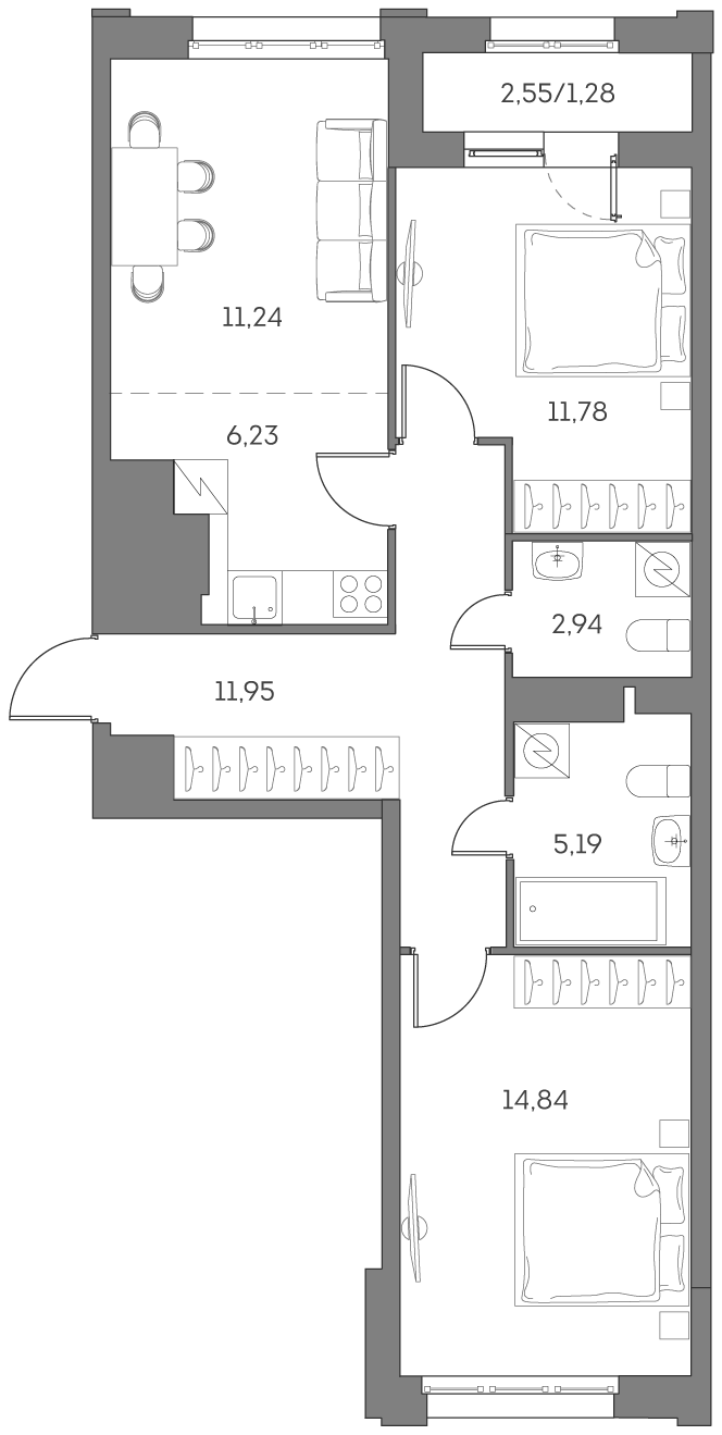 3-комн., 64.17 м², 10/12 этаж, ЖК «Аквилон БИСАЙД 2.0»