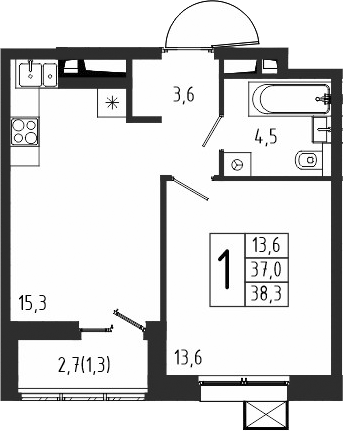 1-комн., 37 м², 7/10 этаж, ЖК «Берег»
