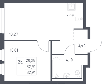 2-комн., 32.91 м², 12/17 этаж, ЖК «Пригород Лесное»