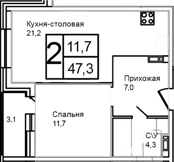 2-комн., 44.2 м², 11/12 этаж, ЖК «Троицкий»