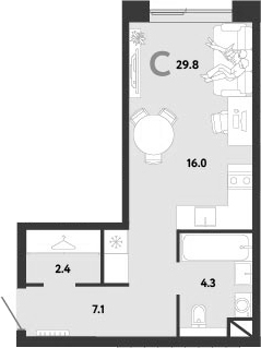 Студия, 29.8 м², 30/38 этаж, ЖК «Страна.Заречная»