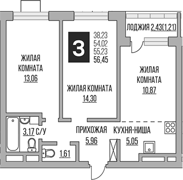 3-комн., 54.02 м², 15/22 этаж, ЖК «Гранель Ильинойс»
