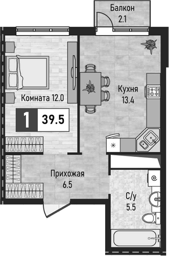 1-комн., 37.4 м², 10/10 этаж, ЖК «Живописный»