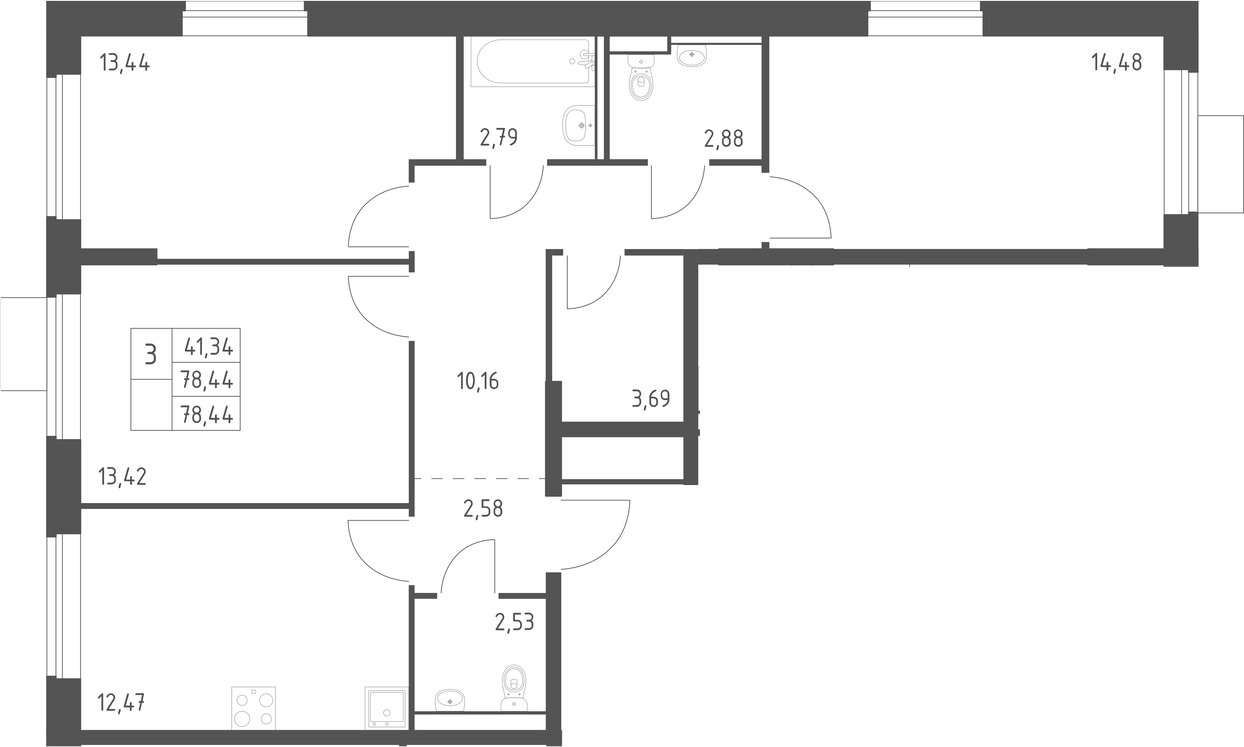 3-комн., 78.44 м², 12/16 этаж, ЖК «Молжаниново»