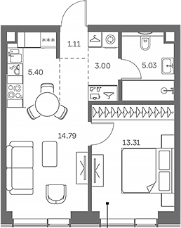 2-комн., 42.64 м², 29/41 этаж, ЖК «TATE»