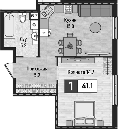 1-комн., 41.1 м², 1/10 этаж, ЖК «Живописный»