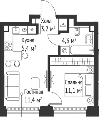 2-комн., 35.4 м², 28/59 этаж, ЖК «СЕТ»