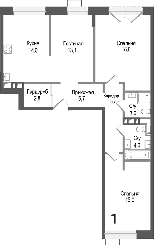 3-комн., 81.3 м², 2/8 этаж, ЖК «Киноквартал»