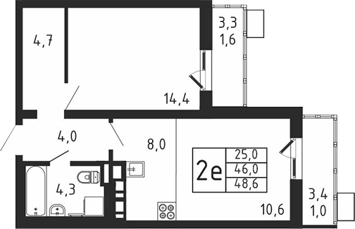 2-комн., 46 м², 5/9 этаж, ЖК «Пироговская ривьера. Мытищи»