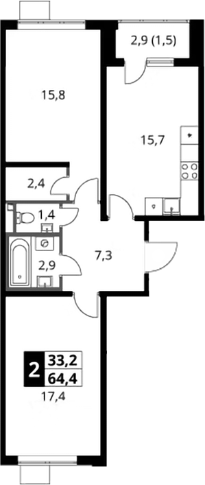 2-комн., 62.9 м², 23/24 этаж, ЖК «1-й Донской»
