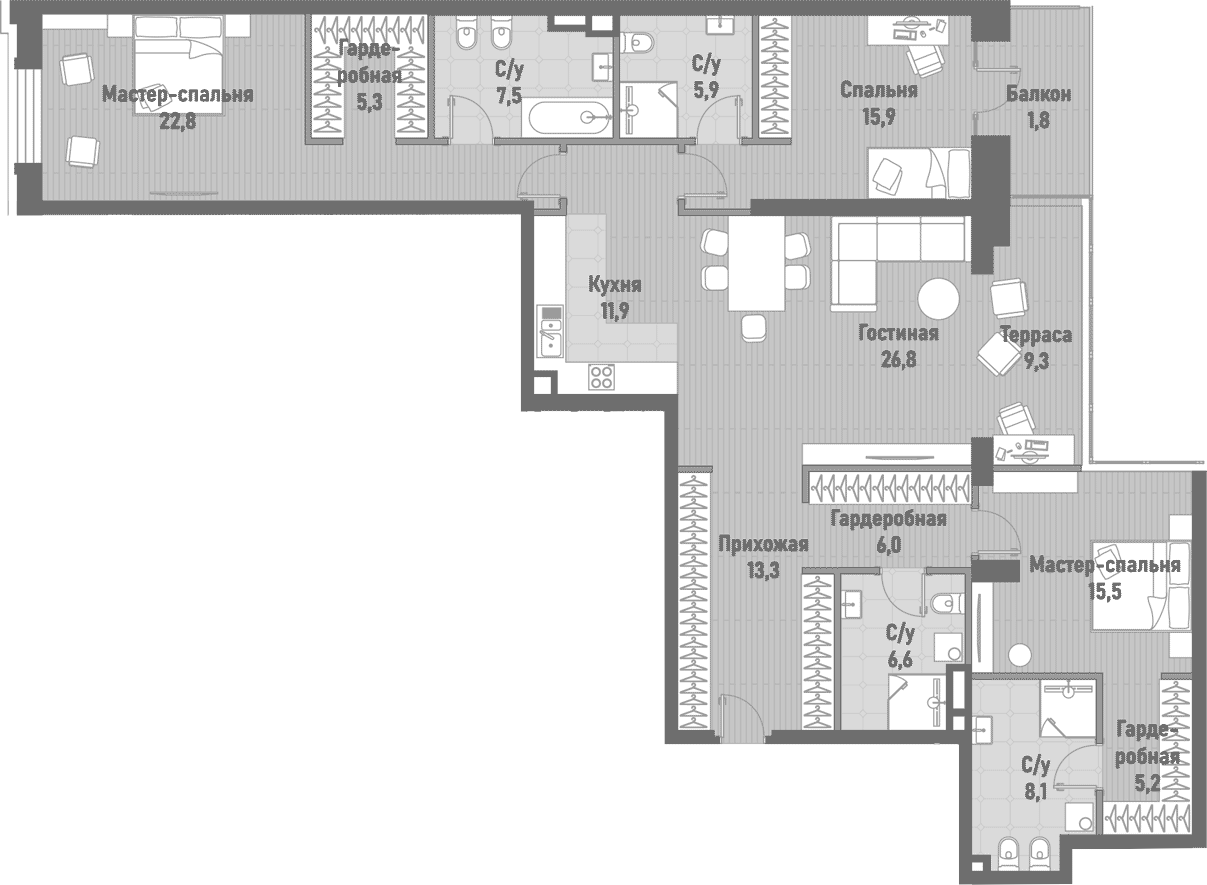 4+ комнаты, 150.8 м², 2/15 этаж, ЖК «Ренессанс»